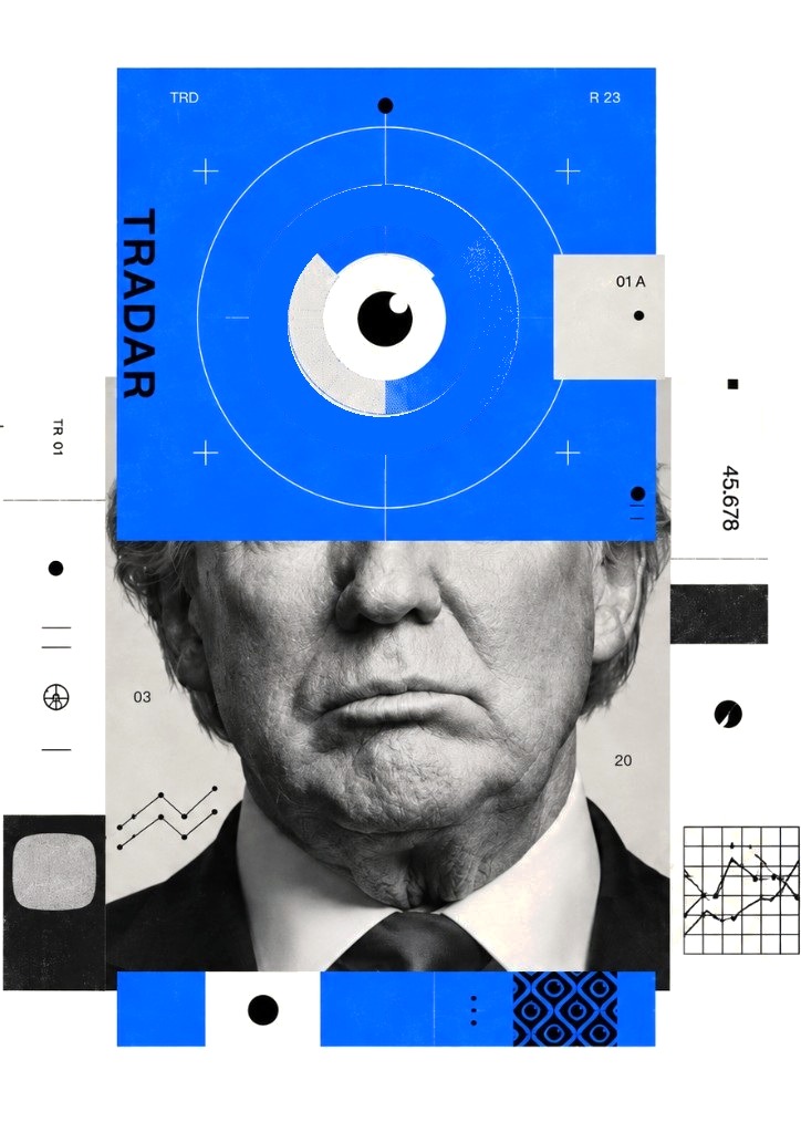 Editorial graphic: Tradar eye over a black-and-white portrait